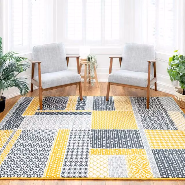 The Rug House Floral Patchwork Boho Living Room Rug, Multicolour Yellow, W: 230 cm, D: 160 cm