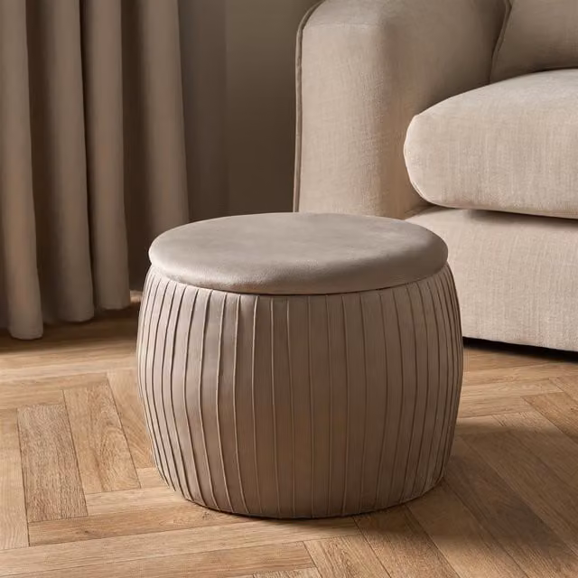 OHS Matte Velvet Pleated Ottoman Storage Stool in Natural Sand