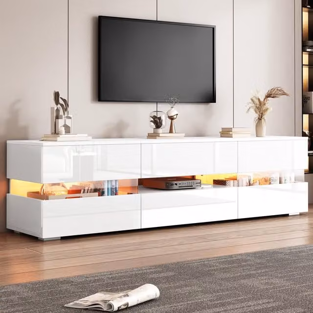 Aosom UK High-Gloss Modern LED TV Cabinet with App-Controlled Lighting and 2 Open Shelves, White, W: 160 cm, D: 38 cm, H: 50.5 cm