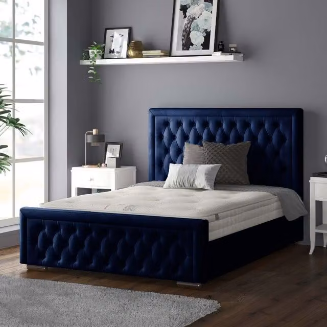 IH Design Sandringham Chesterfield Plush Velvet Bed Frame in Blue, Single, W/D/H: 90 x 190 cm