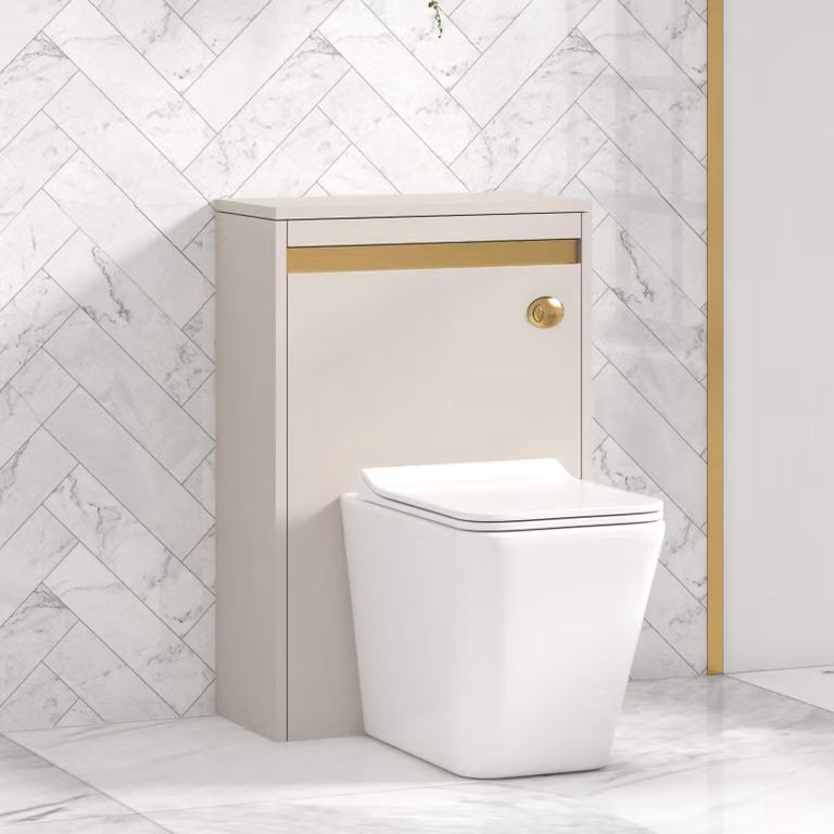 Orion Warm Taupe Wall Mounted WC Unit with Elena Rimless Ceramic Toilet Pan, Slim Soft Close Seat and Cistern with Brushed Brass Accent Trim, Width: 54 cm
