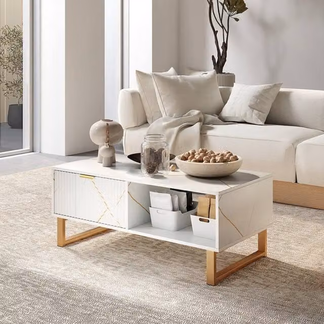 STILVORA Modern Rectangular Coffee Table with Drawer and Shelves in White and Gold – 1