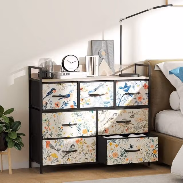 HOMCOM Multicolour Floral Fabric Chest of Drawers with Open Shelf