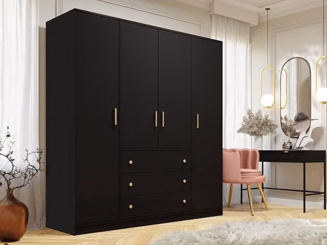 Vente-unique Lizandro Modern Wardrobe with 4 Doors and 3 Drawers, Black and Gold, W: 196 cm, H: 200 cm, D: 58 cm