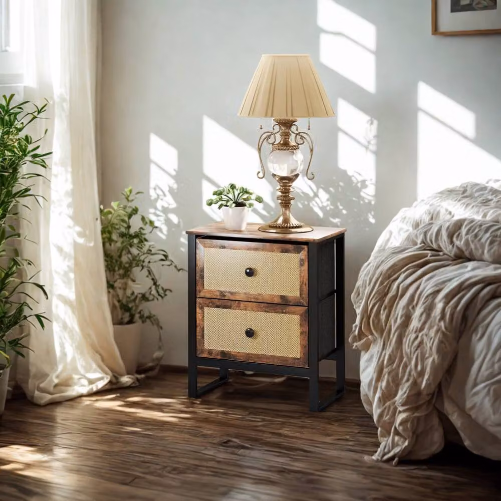 FURNOS Industrial Bedside Table Nightstand with 2 Drawers in Brown – 2