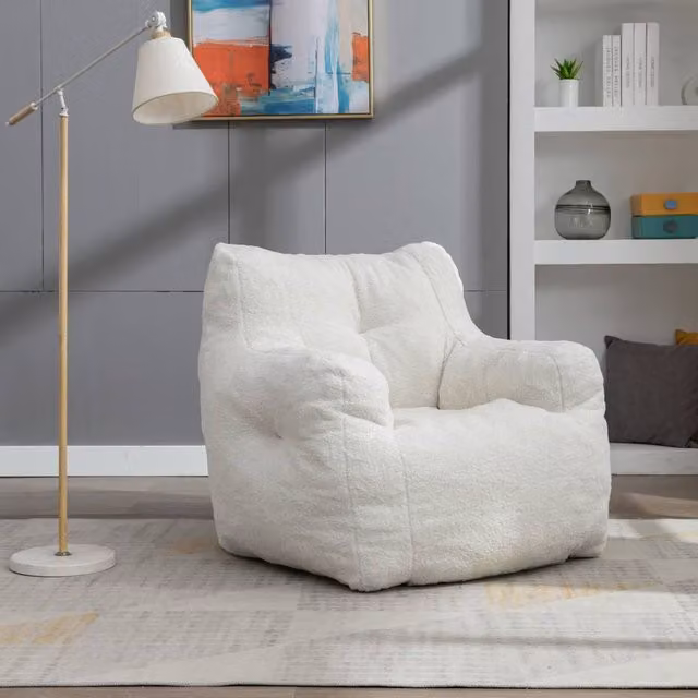 Direct Wicker Ivory Teddy Fabric Bean Bag Chair with Shredded Memory Foam – 1