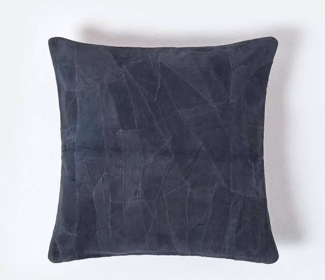 Homescapes Navy Blue Patchwork Real Leather Suede Square Cushion with Feather Filling, W/D/H: 45 x 45 x 45 cm – 1