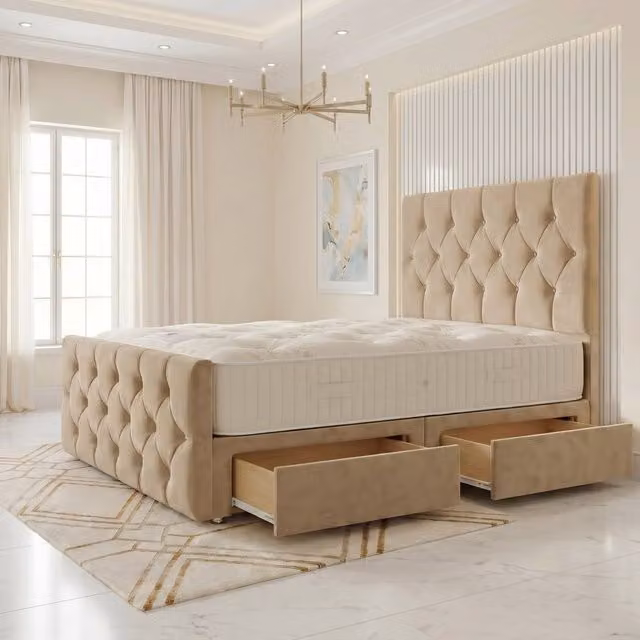 Somnior Ziggy Velvet Divan Bed with Mattress and 2 Drawers in Beige, W/D/H: 120 x 200 x 28 cm
