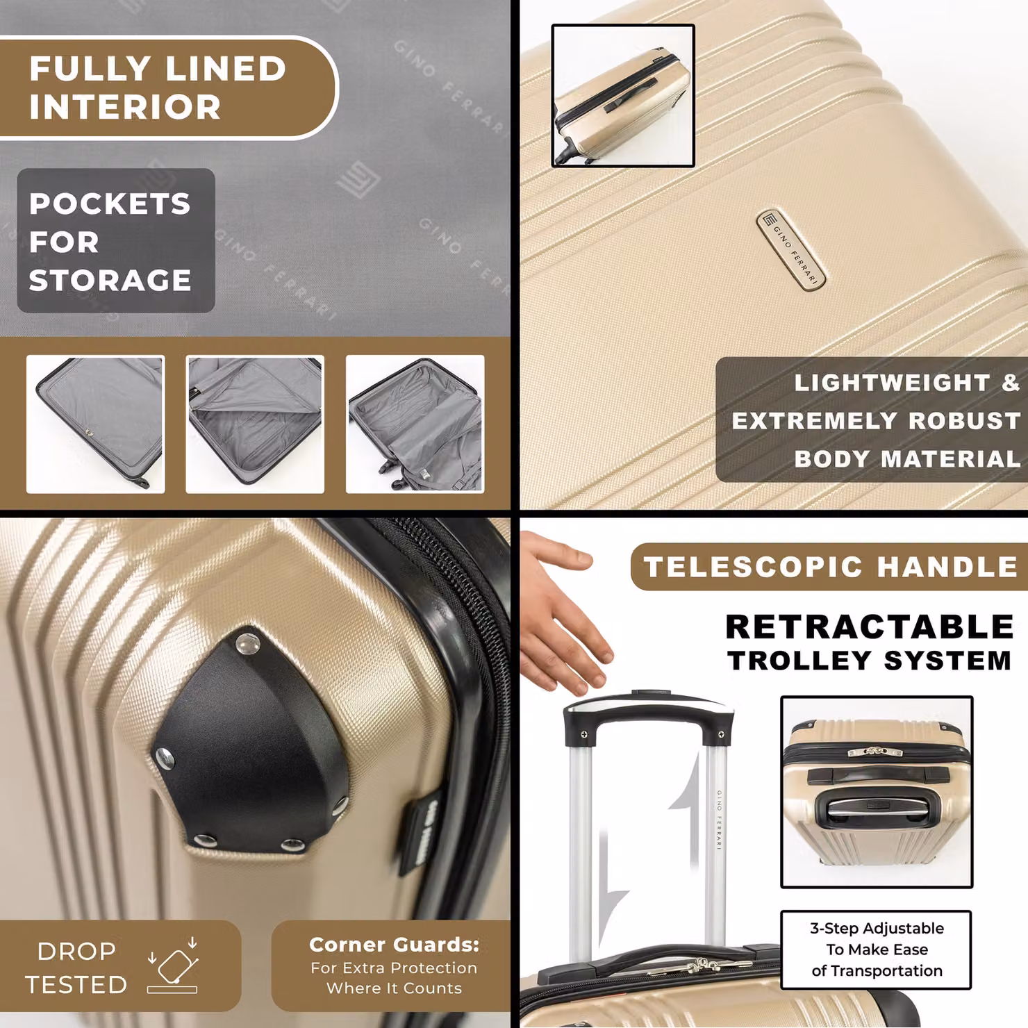 Gino Ferrari Business Travel Hard Shell Suitcase in Gold, Medium Size, W: 45.0 cm, D: 66.0 cm – 2