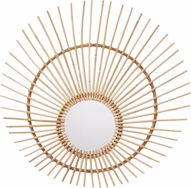 Orsina Round Ethnic Rattan and Wood Wall Mirror in Brown and Beige, W/D/H: 80 x 80 x 3 cm