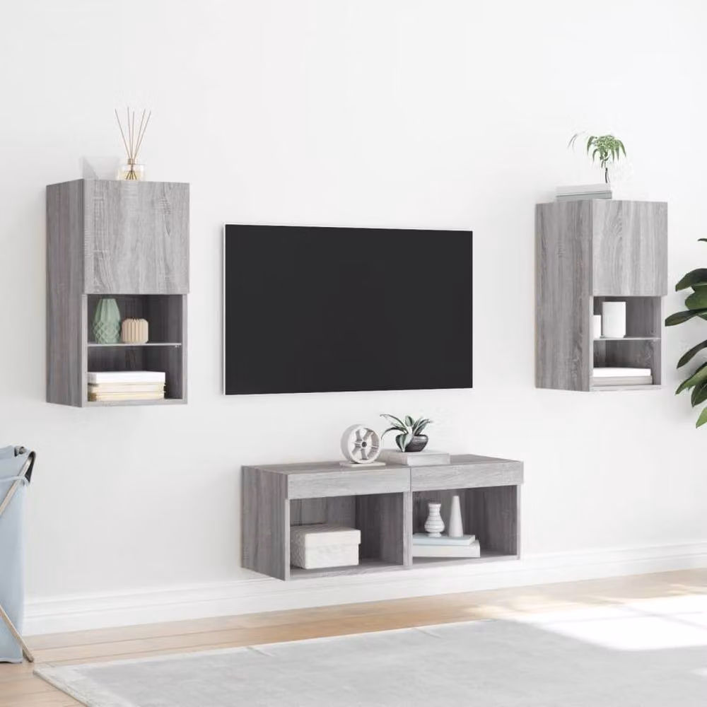 Berkfield Home 4 Piece Modern Wall Mounted TV Cabinet Set with LED Lighting in Grey Sonoma – 3
