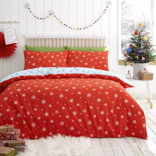 Fusion Christmas Snowman Reversible Easy Care Duvet Cover Set with 2 Pillowcases in Duck Egg Blue and Red, W: 230 cm x D: 220 cm – 2
