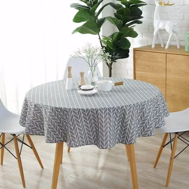 NESTLUNE Grey Round Cotton Linen Tablecloth with Graphic Design, W/D/H: 100 x 100 cm
