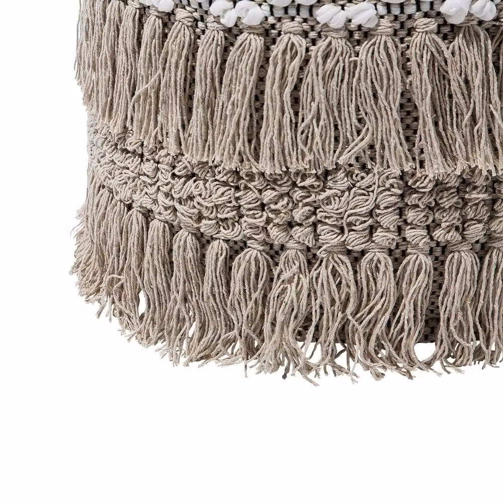 Wyld and Coco Beige Handwoven Cotton Cylindrical Pouffe with Tassels – 4
