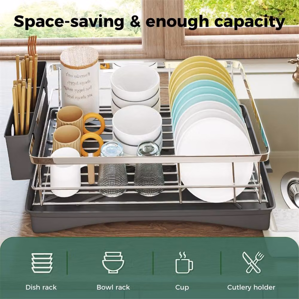 EONLION 1 Tier Expandable Dish Drainer Drying Rack with Drip Tray in Grey, Width: 100 cm – 2