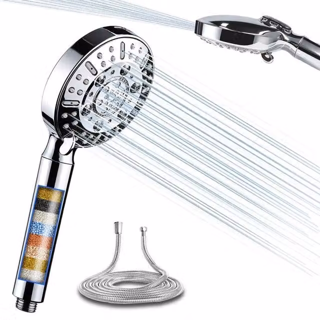 Resmo Silver Water Saving Handheld Shower Head with Filter, 8 Jet and Rain Settings, Round