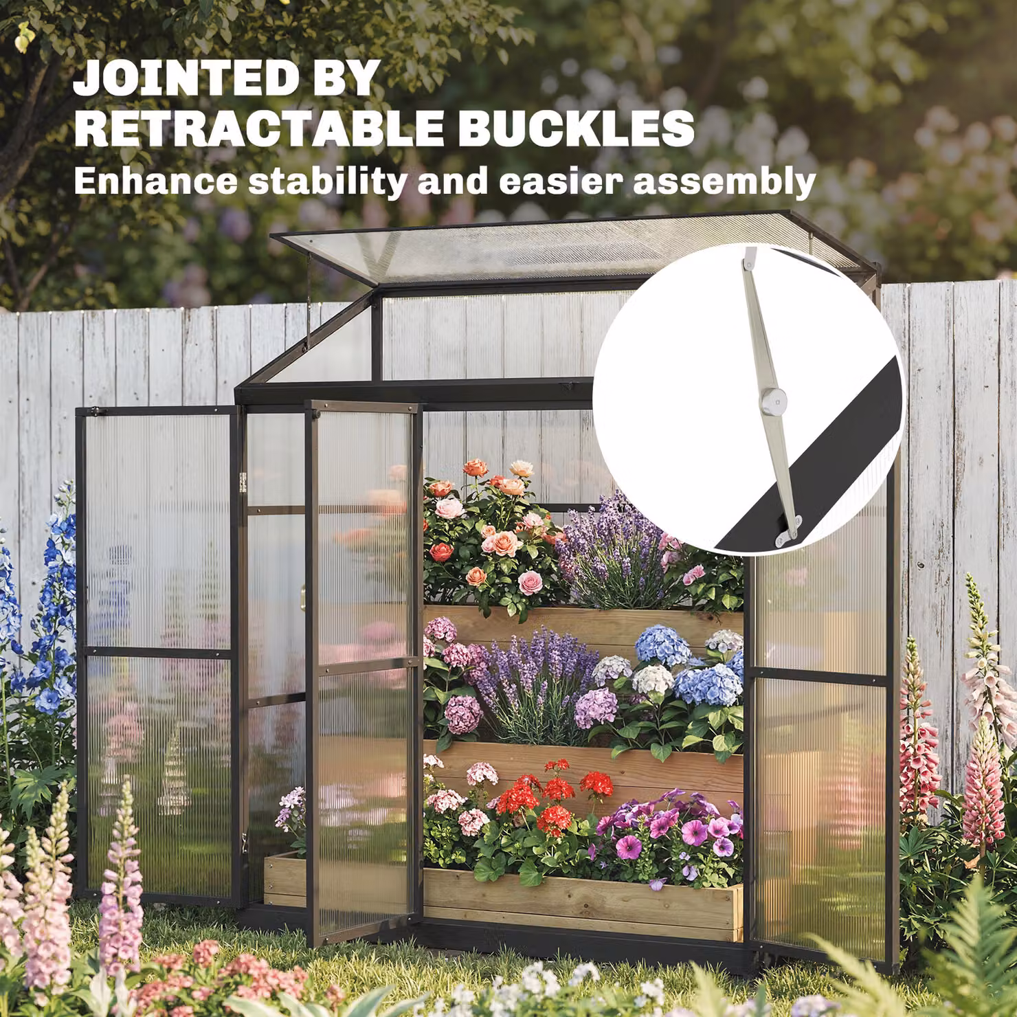Outsunny Black Polycarbonate Lean-to Walk-in Greenhouse with 3 Hinged Doors and Top Vent – 9