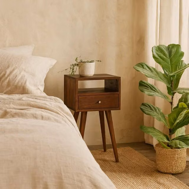Wyld Haus Kood Mini Cherry Mango Wood Bedside Table with Drawer and Open Shelf in Brown – 1