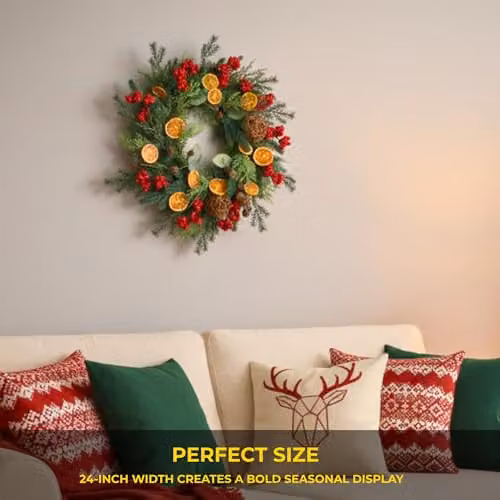 Shatchi Rustic Christmas Wreath with Eucalyptus, Berries and Rattan Balls in Orange, Red and Green, Diameter: 60 cm – 3