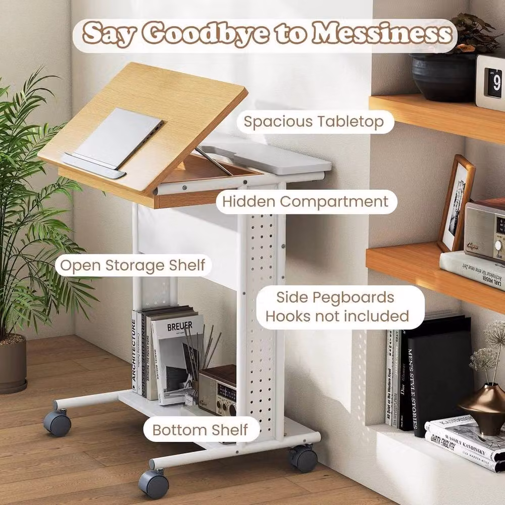 Kelvenix C-Shaped Rolling Computer Desk in White with Tilting Top and Castors – 4