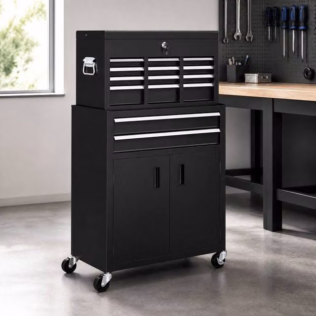 STILVORA Black Metal Tool Chest and Cabinet with 6 Drawers and Lockable Hinged Doors