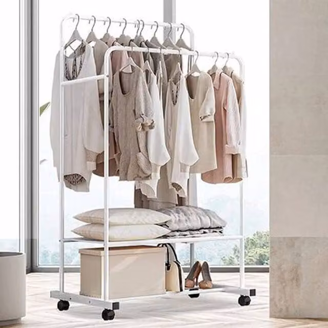 ERGOVEXA Double Rail Metal Clothes Garment Hanging Rack with Mesh Tidy Shelf in Matt White, H 155 x W 80.5 x D 50 cm