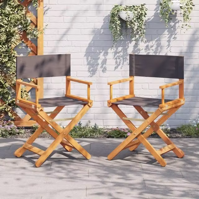 Berkfield Home Set of 2 Folding Acacia Wood Director Chairs in Dark Grey Fabric