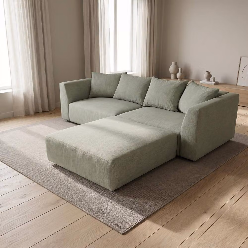Abakus Direct Tokyo L-Shape Corner Sofa in Black and Green Basket Weave Fabric with Natural Bamboo Frame – 2
