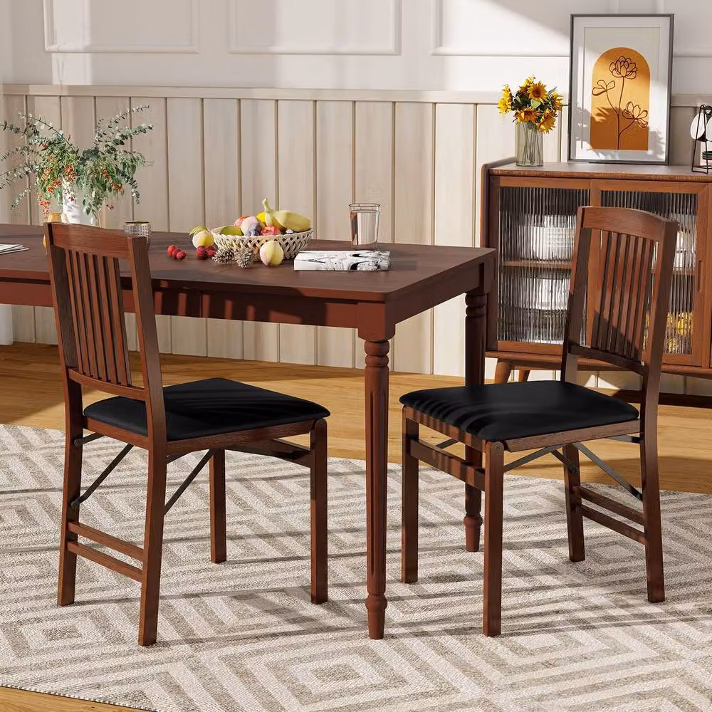 Gymax Set of 2 Brown Upholstered Folding Dining Chairs with Rubberwood Frame – 2
