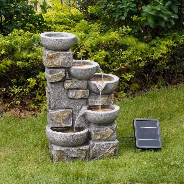 Teamson Home Solar Powered 4 Tier Round Cascade Water Fountain with LED Lights, Grey, W/D/H: 68.6 x 30.5 x 68.6 cm