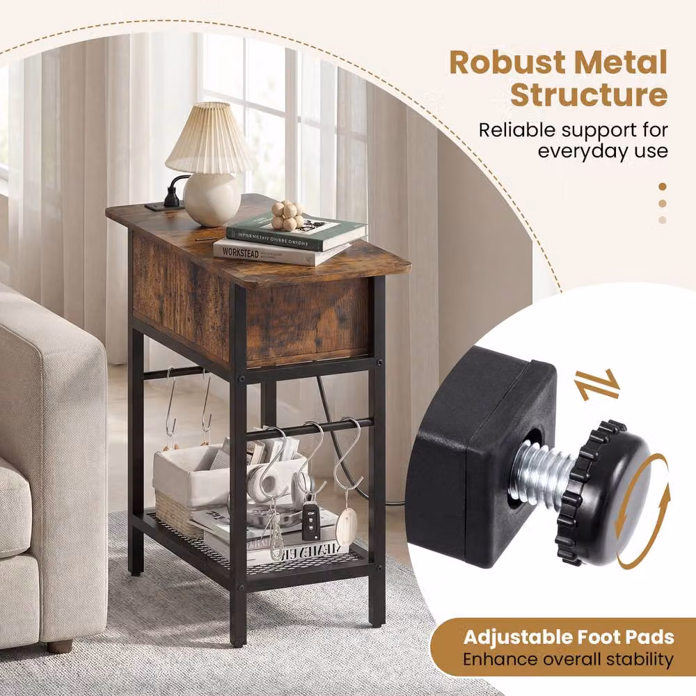 Gymax Industrial Slim End Table Nightstand with Charging Station and Shelf Hooks in Brown – 6