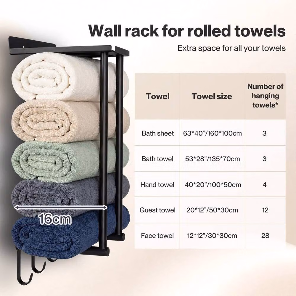 Kelvenix Wall Mounted Metal Towel Rack Shelf with Hooks in Black, W: 50.0 cm, H: 30.0 cm, D: 16.0 cm – 4