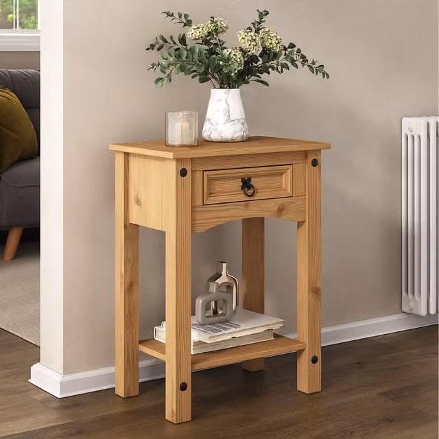 Mews Corona Console Table with 1 Drawer in Waxed Brown Pine
