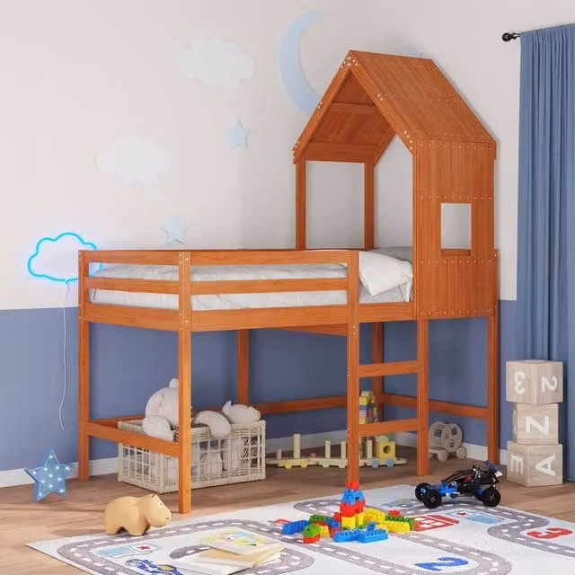 Berkfield Home Modern Single Loft Bed Frame in Waxed Brown Solid Pine Wood, W/D/H: 90 x 190 cm – 1