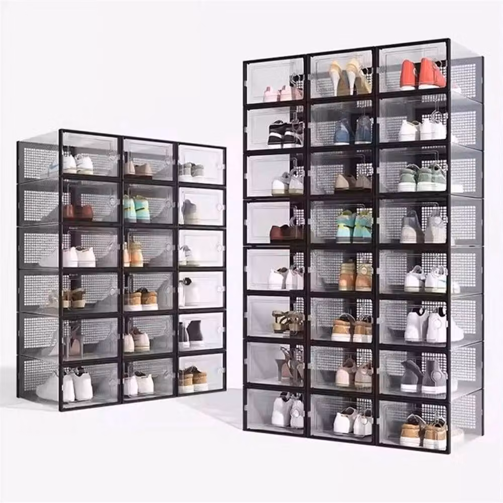 Nordara 12 x Stackable and Foldable Plastic Trainer Organiser Boxes in Black and Transparent – 4