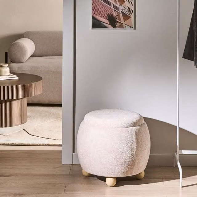 Wyld and Coco Teddy Pouffe Light Beige Boucle Round Storage Footstool and Side Table