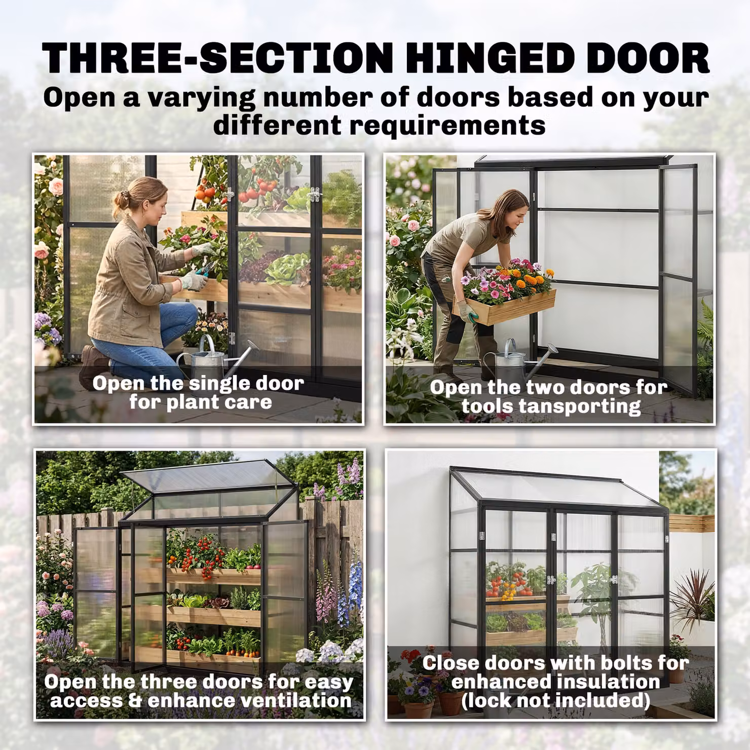 Outsunny Black Polycarbonate Lean-to Walk-in Greenhouse with 3 Hinged Doors and Top Vent – 7