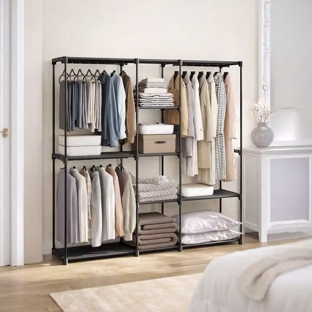 SONGMICS Portable Open Wardrobe with Shelves and Hanging Rod, Black