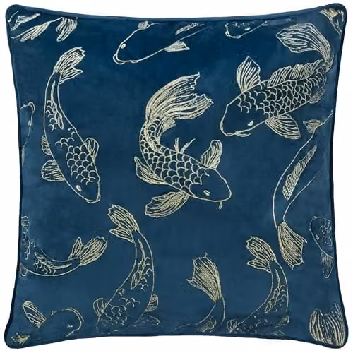 Paoletti Koi Pond Embroidered Velvet Cushion in Blue, W/D/H: 50 x 50 x 50 cm – 1