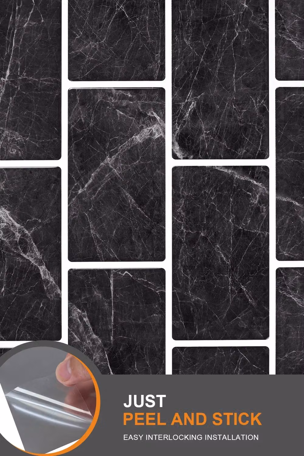 Living and Home 10 Pcs Black Marquina Marble 3D Peel and Stick Subway Wall Tile Stickers – 5