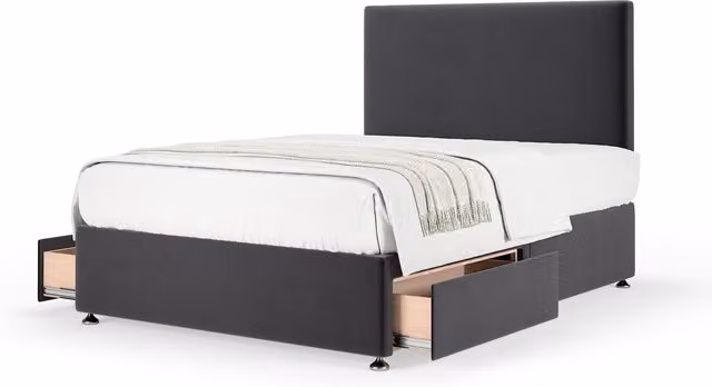 Bedmaster Plush Velvet Upholstered Divan Base with Storage Drawers and Plain Headboard in Grey