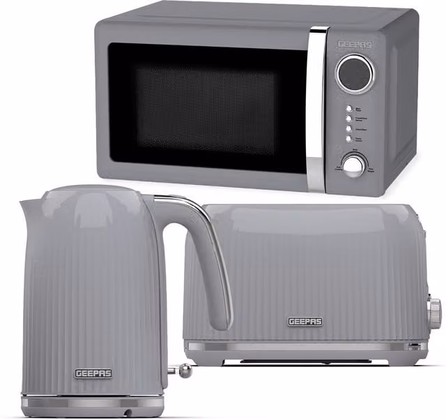 Geepas Grey Fluted Kettle 1.7L, Toaster Set and 20L Digital Microwave Bundle