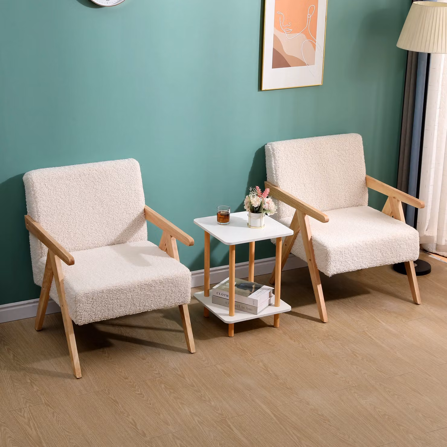 Santarem-Rouge Scandinavian Lounge Armchair with White Bouclé Fabric and Solid Wood Frame – 3
