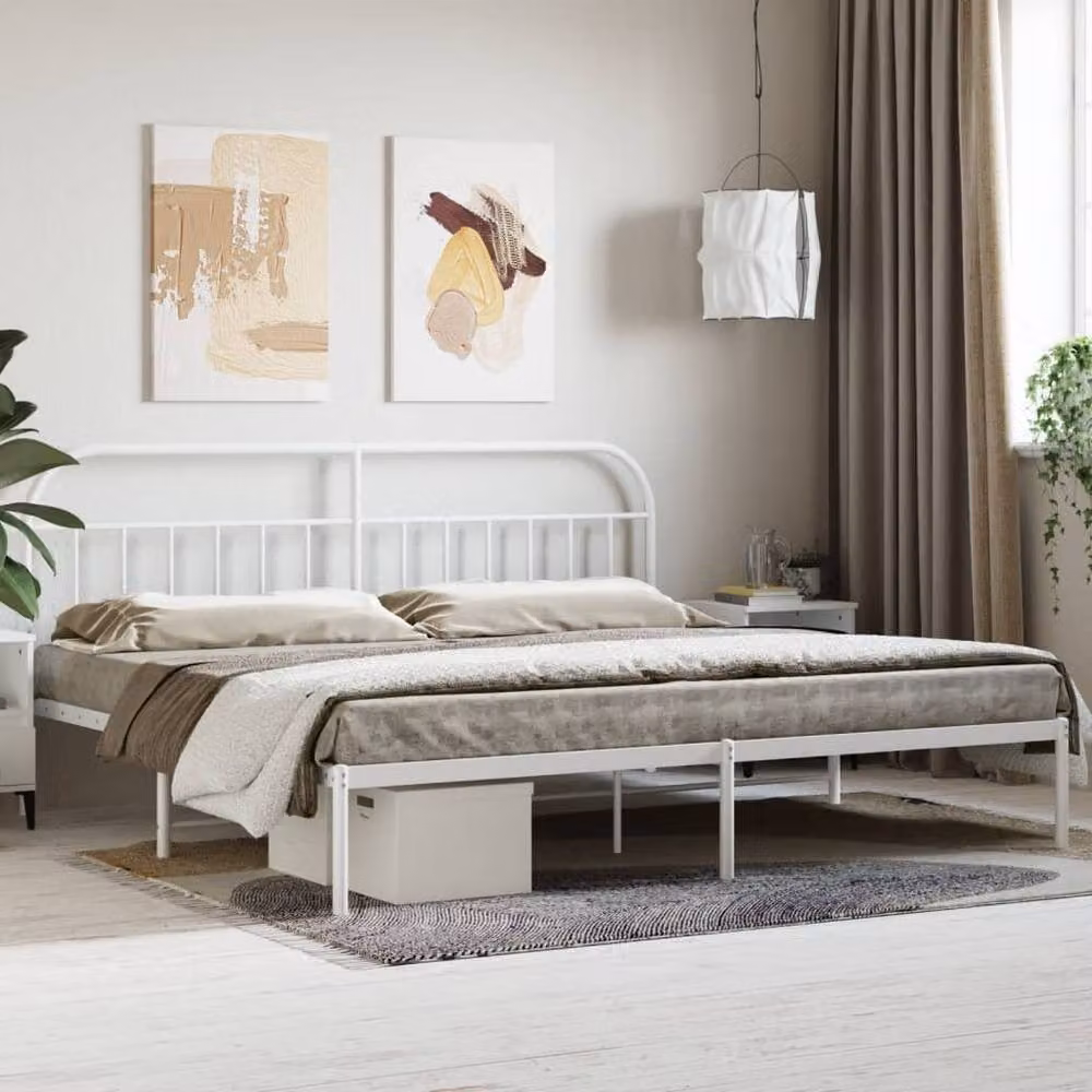 Berkfield Home Metal Bed Frame with Headboard in White, W/D/H: 200 x 200 x 206 cm – 2