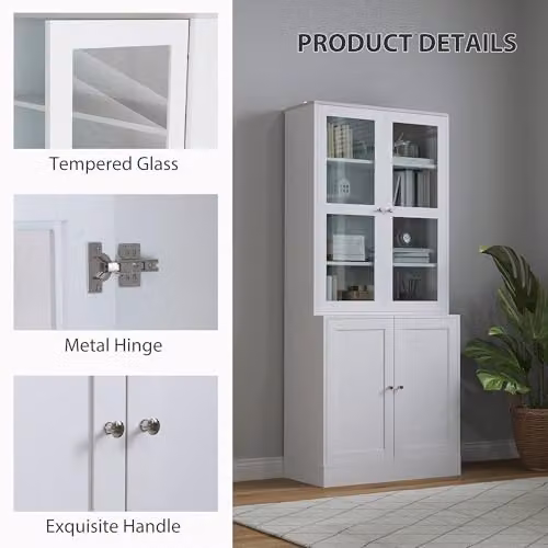 HOMCOM Modern White Bookcase with Glass Doors and Internal Shelves, H 178.5 x W 76.0 x D 40.0 cm – 3