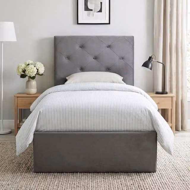 HOMCOM Single Gas Lift Bed Frame with Underbed Storage, Grey Upholstered Velvet Fabric