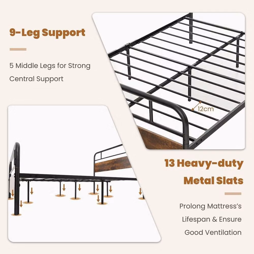 VOGREX King Metal Platform Bed with Industrial Headboard in Brown, W/D/H: 180 x 200 cm – 3
