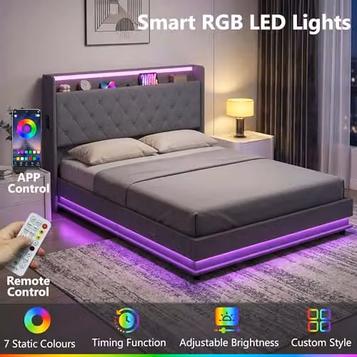 HOMCOM King Ottoman Bed Frame with Lift Up Storage, RGB LED Lighting and USB Charging Port, Grey, W: 150 cm, D: 200 cm – 4