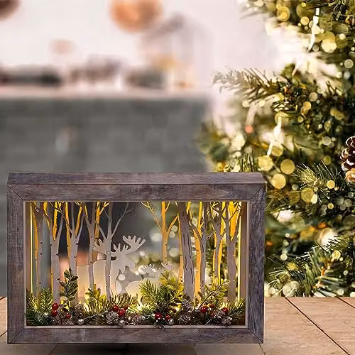 Shatchi Rustic Wooden Christmas Reindeer Tabletop Scene with LED Lights, Brown, W: 45 cm, D: 8.5 cm, H: 29 cm – 3
