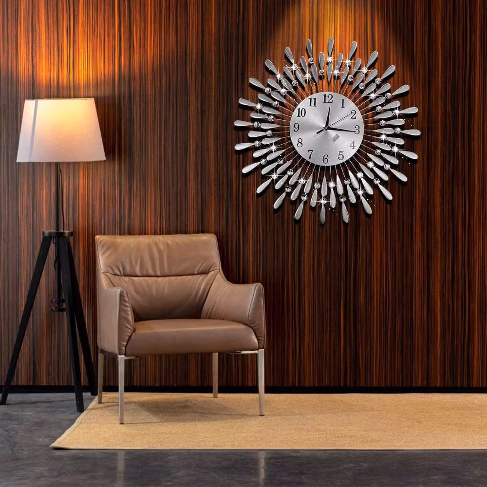 Crystals Diamante Beaded Quartz Round Wall Clock in Metallic Silver, Diameter: 60 cm – 2